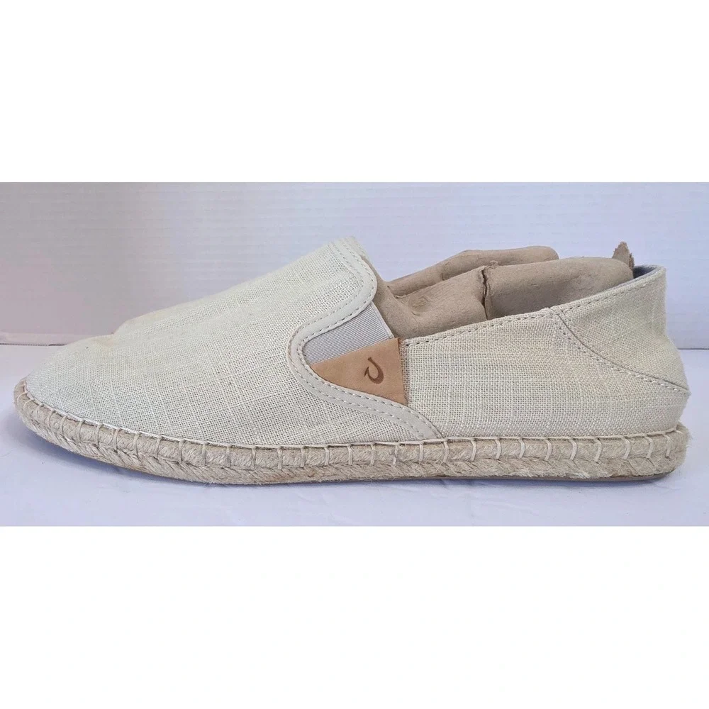 OluKai Kaula Pa'a Kapa Linen Espadrille Slip On Shoe Beige Tan 10M